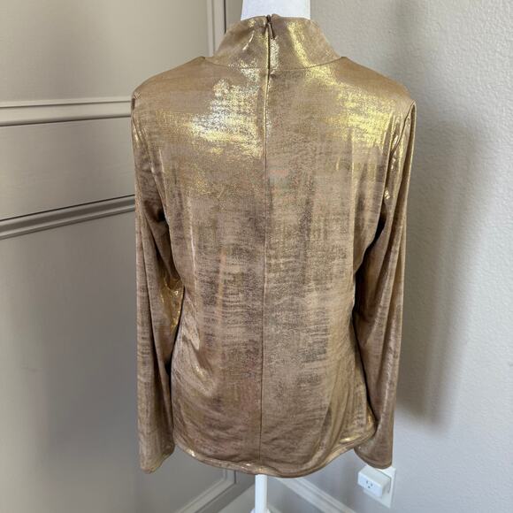 Boston Proper Metallic Gold Keyhole Mock Neck Top Size M Shiny Statement Blouse - Picture 3 of 5